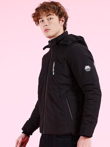 Image of The Indian Garage Co Men Black Regular Fit Solid Hooded Bomber Jacket