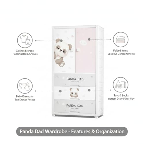 Image of EXVITO Plastic Wardrobe for Cloth with Drawers & Hanging Rod | Baby Cupboard for Clothes Storage | Foldable Collapsible Plastic Almirah for Kids | Cartoon Design Cabinet for Bedroom (Pink, 3 Door)