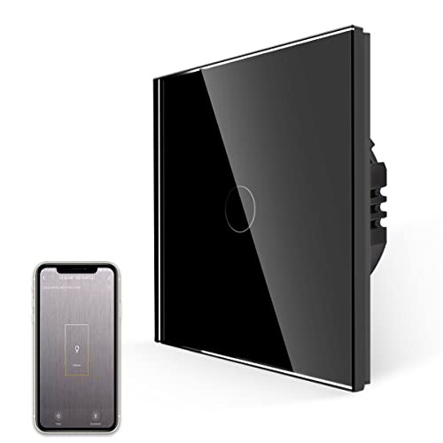 JIMEIDA Wlan Touch Lichtschalter in Schwarz, Einbauschalter mit Glas Panel, 600W Smart Lichtschalter für Alexa, Google Home, 1- poliger Ausschalter mit Status-LED, Neutralleiter Erforderlich Cover