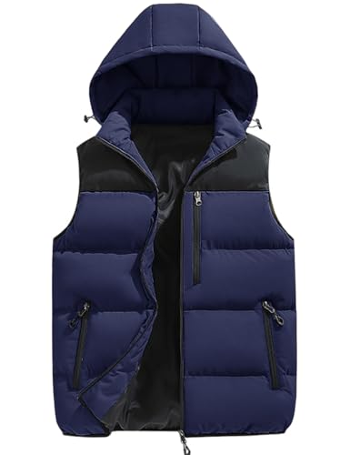 Gihuo Mens Winter Puffer Vest Color Block Hooded Sleeveless Quilted Jacket Zip Up Padded Coats Outerwear