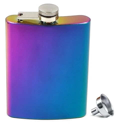 Image of Rainbow Color Design Stainless Steel Hip Flask with Funnel 8 Oz (236 ml) I Unique Style Wine Whiskey Liquor Flask I Unisex Alcoholic Drinks Holder Pocket Bottle (Rainbow+Funnel)