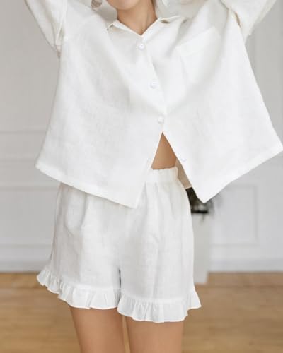 Womens Ruffle Pajama Sets 2 Piece Long Sleeve Button Down Shirt and Shorts Set Cozy Cotton Lounge Set3