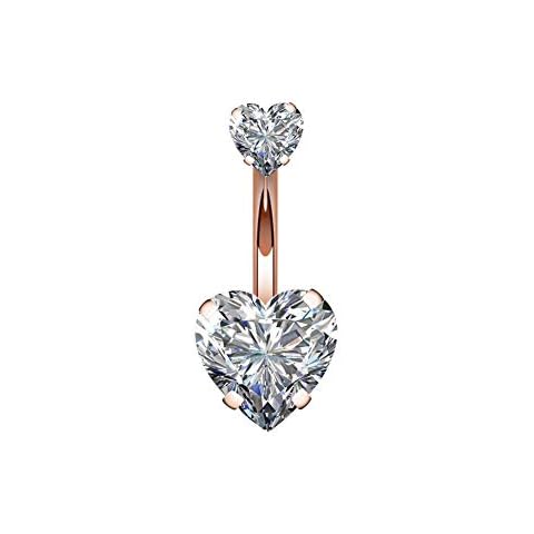 14G Double Heart Diamond Cubic Zirconia Navel Belly Button Ring Surgical Steel Piercing Jewelry (Rose Gold (5/8mm)) Cover