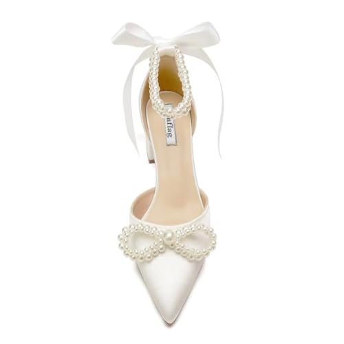 Block Heel Wedding Shoes for Bride Satin Pearl Bridal Heels Closed Toe Wedding Heels2