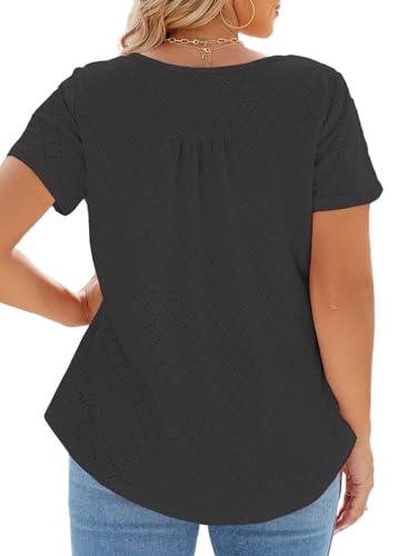 Image of VISLILY Womens-Plus-Size-Summer-Tops Buttons Up Henley Shirts Flowy Pleated Tunics Trendy Eyelet Short Sleeve Blouses