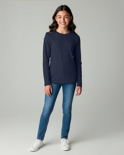 Image of Real Essentials 4 Pack: Girls' Cotton Long Sleeve Crew Neck T-Shirt - Athletic Tee Shirt for Teens Kids Youth (Ages 4-16)