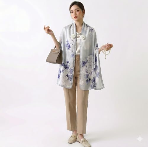 Image of Floral Printed Silk stole | silk Scarf for Women | stylish silk stole for women | Soft Lightweight Stole, Shawl & Neck Wrap | Scarf for Wedding, Party, Travel & Casual Wear