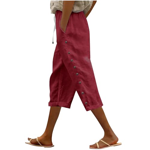 Cotton Linen Capri Pants for Women Gauze Drawstring Boho Side Buttons Wide Leg Trousers Beach Vacation Clothes