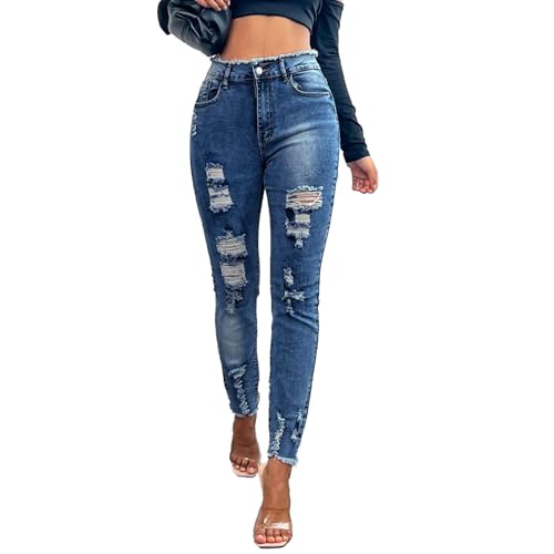 Jeggings for Women Skinny High Waisted Ripped Jeans with Pockets Stretchy Trendy Distressed Raw Hem Denim Pants