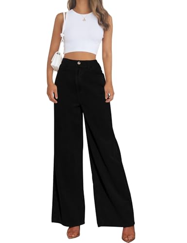 Corduroy High Waisted Wide Leg Pants for Women Dress Pants 2025 Elastic Waist Casual Straight Trousers with Pockets3