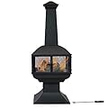 Sunnydaze 57-Inch Black Steel Chiminea with Log Grate, Cover, and Poker - Protective Mesh Screen - 360-Degree Fire View