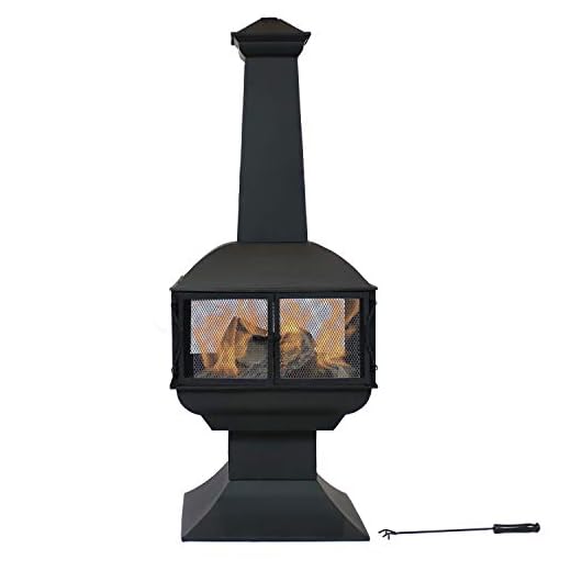 Sunnydaze Outdoor Wood Burning Fire Pit Chiminea - Black Steel Firepit with Log Grate and Poker - Metal Patio Fireplace with 360-Degree View - 57 Inch