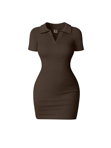 OQQ Womens Mini Dresses Sexy Ribbed Short Sleeve Tummy Control Bodycon Mini Dress Darkbrown