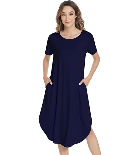 Image of NACHILA Nightgowns for Women-Viscose Made from Bamboo, Short Sleeve Nightshirts Cool Sleep Dress Long Sleep Shirt