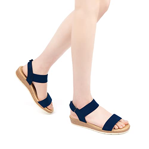 Image of VJH confort Women's Flat Sandals Open Toe Elastic Ankle Strap Slip on Comfy Low Wedge Sandals