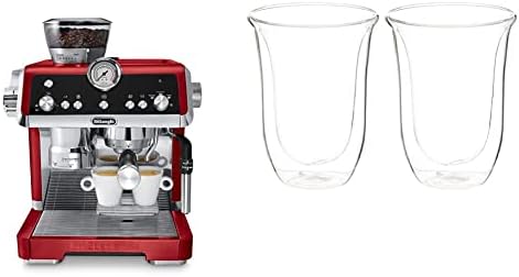 De’Longhi EC9335R La Specialista Espresso Machine with Sensor Grinder, Dual Heating System, Advanced Latte System 67.6 oz, Red & DeLonghi Double Walled Thermo Latte Glasses, Set of 2,330 milliliters