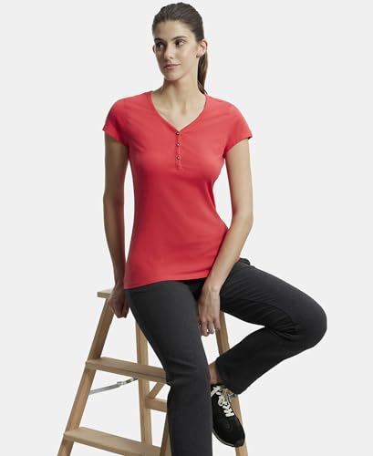 Image of Jockey UL03 Women's Super Combed Cotton Elastane Stretch Slim Fit Solid V Neck Henley Styled Half Sleeve T-Shirt