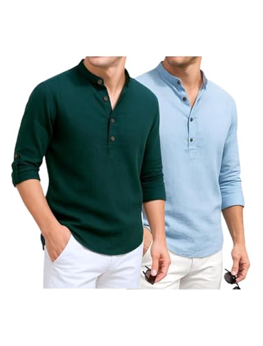 Image of DEEMOON Combo of Men's Cotton Blend Solid Regular Fit Full Sleeve Short Kurta | Men's Trendy Short Kurta Pack of 2 (Available in Plus Size & Combo Packs)