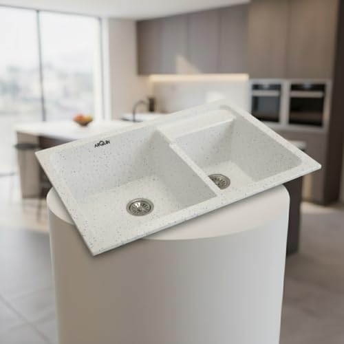 Image of ARQUIN Double Bowl Quartz Kitchen Sink 31x18x9 Inch Sand Pluto | Durable & Scratch-Resistant Sink | Undermount,Topmount | Including Coupling,Sink Connector,Waste Pipe & Fruit Washing Basket