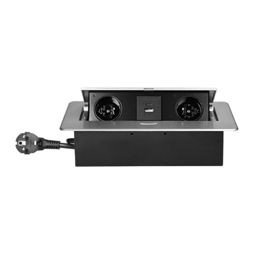 Miratic Bloc Prise Encastrable Plan de Travail 2 x P+T max. 3680 W Prise USB Encastrable avec 2 Ports A+C 2,1A et Câble 1,5 m Bord Fraisé Fin (argent)