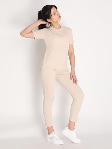 Image of CHKOKKO Casual Co ord Set For Women Stylish Summer Wear Cord Half Sleeves Round Neck Track Suit Coords Travelling Outfit Western Ladies Co ords Pastel Beige L
