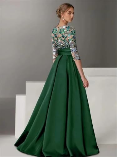 Fashion A-Line Prom Dress 3/4 Length Sleeve Boat Neck Floor Length Satin with Bow Slit Elegant Evening Dress2