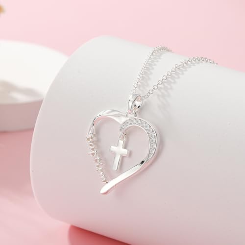 Baptism First Communion Confirmation Cross Heart Necklace for Girls Women Christian Religious Catholic Jewelry Gifts 16+3 Inches2