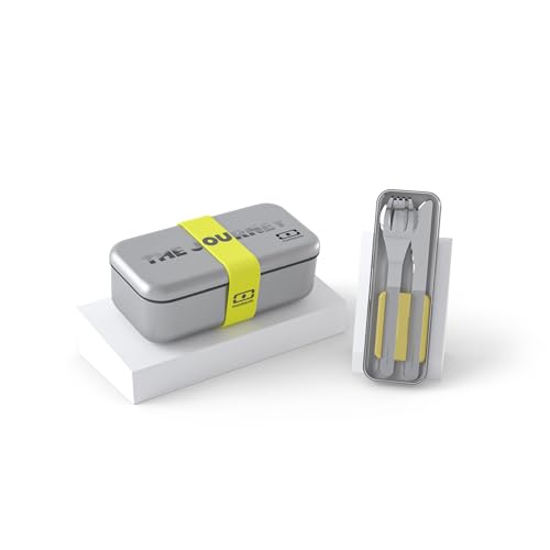 monbento - The Journey Lunch-Set für unterwegs, Edelstahl, luftdicht, MB Sense + Besteck für Lunchbox mit Hülle MB Slim Box, BPA-frei, langlebig, wiederverwendbar und sicher, Gelb, 97007444