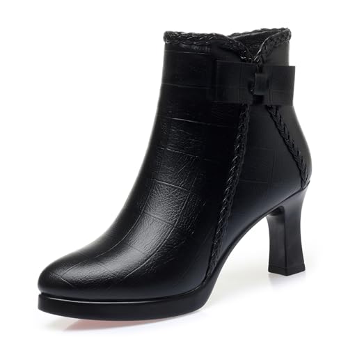 Lossarye Women’s Pointed Toe High Heel Ankle Boots Side Zip Comfortable Fur Lined Autumn Winter Kitten Heel Dress Booties