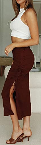 CHARTOU Women's Skinny Stretch High Rise Ruched Ribbed Side Slit Office Bodycon Midi Pencil Skirt4