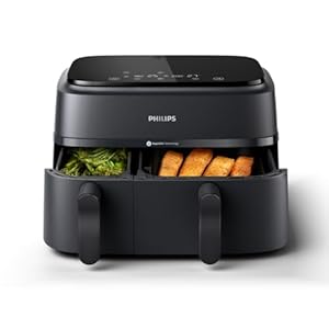 Philips Airfryer Dual Basket 3000 Series, 9L, 2 Körbe, 2 Gerichte gleichzeitig fertig, RapidAir Plus Heißlufttechnologie, 90% weniger Fett, Energieeffizient, HomeID Rezepte-App (NA350/00)