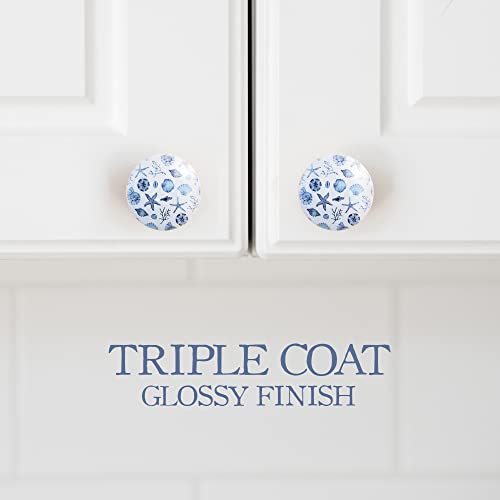 Twisted R Design Wooden Cabinet Knobs - Set of 6 Round Kitchen, Bathroom, or Furniture Cabinet Handles or Pulls w/Glossy Finish - Blue Seashells Drawer Knobs Design - 1.5 x 1.5 Inches - Image 5