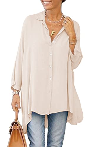 Aoysky Womens Oversized T Shirts Button Down Long Sleeve Shirt V Neck Collar Loose Flowy Blouse