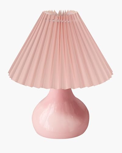 Image of Homesake Modern Small Ceramic Table Lamp, Classic Bedside Desk Lamp for Living Room Bedroom, Farmhouse Home Decor Nightstand Lamps with Fabric Pleated Shade (Pink)