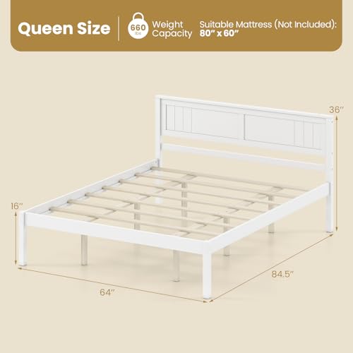 Image of GIANTEX Queen Wood Platform Bed Frame with Headboard, Mid Century Queen Bed Frame with Wood Slat Support, Solid Wood Foundation with 16 inch Under Bed Storage, No Box Spring Needed, Easy Assembly (White)