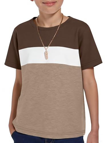 Humordream Boys Short Sleeve Crewneck T-Shirts Kids Casual Color Block Basic Tees Tops 5-14 Years Brown
