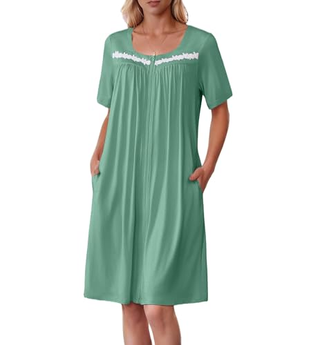 Image of Ekouaer Women Zipper Robe Short Sleeves House Coat Zipper Front Bathrobe Sleepwear with Pockets Housecoat Nightgown