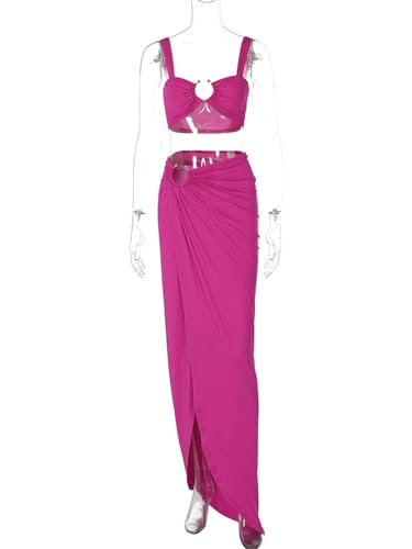 Women's Sexy 2 PCS Metal Ring Tank Tops Bodycon Ruched Split Skirts Cocktail Party Dress Outfits Set4