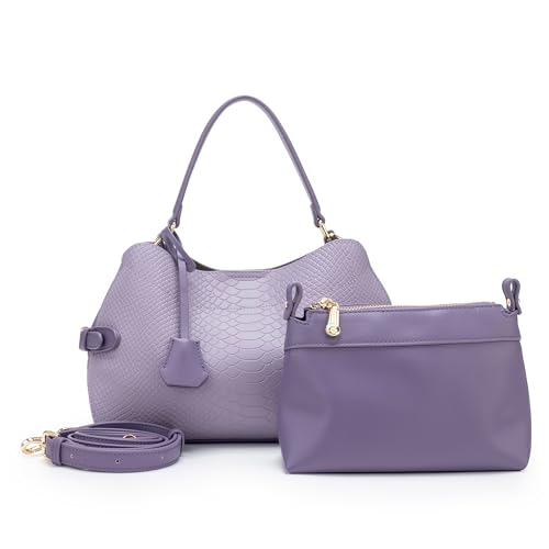 Image of Women Snake Embossed & Faux Suede Hobo Handbag Set Shoulder Crossbody Purse