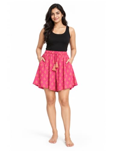 Image of B STORIES Women's Flared Shorts - Culottes with Pockets|Soft Viscose Lounge & Beach Wear|Mid-Rise Elastic Waistband|Casual Indo-Western Half Pants|Summer Resort & Everyday Wear for Women