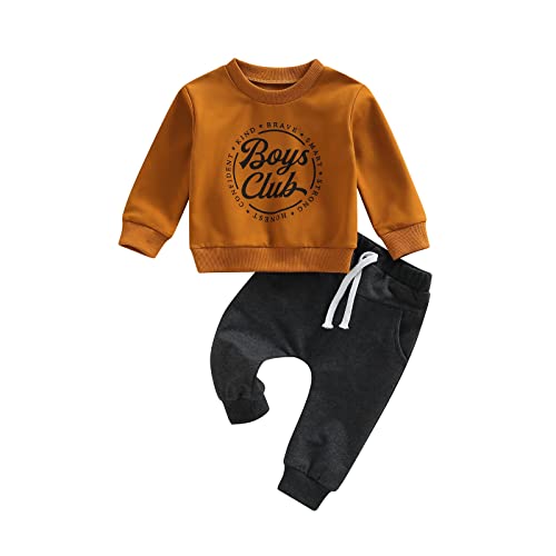 Image of Sprifallbaby Toddler Baby Boys Spring Fall Outfit Long Sleeve Letter Print Crew Neck Sweatshirts Tops Solid Color Long Pants Set Boys Club & Brown 0-6 Months CMY-lk