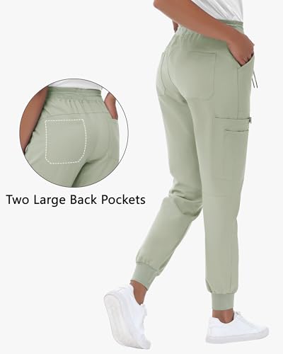 Image of MIVEI High Waisted Jogger Style Scrub Pants for Women - 8 Pockets Medical Bottoms Tapered Yoga Waistband Ribbed Ankle Cuffs