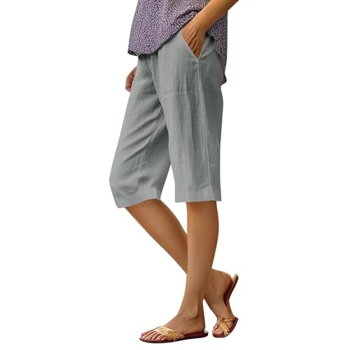 Pedal Pushers for Women Summer Casual Elastic High Waisted Wide Leg Linen Pants Baggy Bermuda Shorts with Pockets