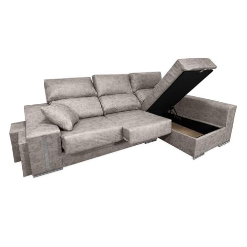 Homey - Sofá Chaise Longue Derecho con Dos Taburetes, Cojines Decorativos y Arcón de Almacenaje, Modelo Janeiro, Práctico y Funcional, Reclinable, Color Cemento