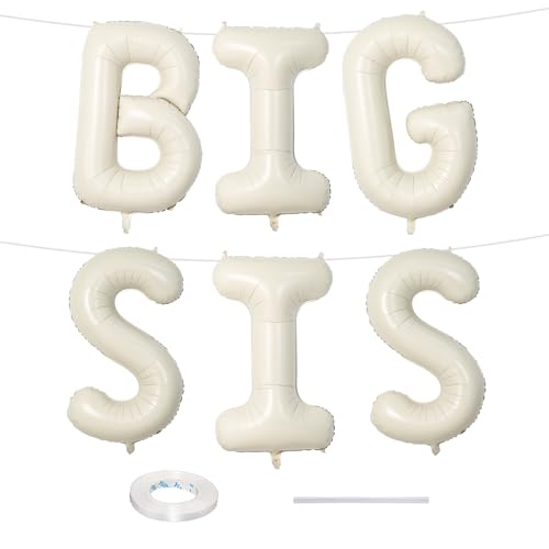 Image of 40 Inch Cream BIG SIS Balloons, Large Beige Neutral Big Sis Balloon Letters Sign with Ribbon, Ivory White Sand Baby Girls Balloon for Her Birthday Baby Shower Gender Reveal Party Decoration Supplies