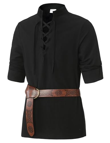 Lainvenor Boys Long Sleeve Cotton Lace up Shirts for Renaissance Pirate Viking Medieval Costume Black 11-12 Years