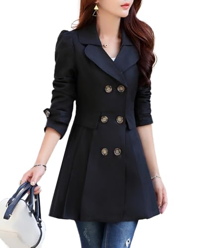 SOMTHRON Women's Double Breasted Trench Coat Lapel Puff Long Sleeve A Line Pleated Windbreaker Outerwear