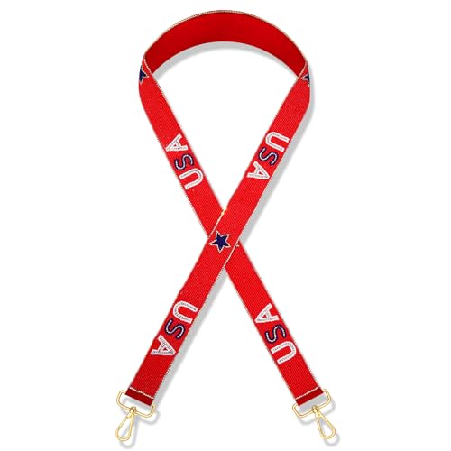 Image of Beaded 4th of July Purse Strap USA Purse Strap Replacement Red White and Blue Patriotic Crossbody Shoulder Bag Straps 4th of July Outfits (Style B)
