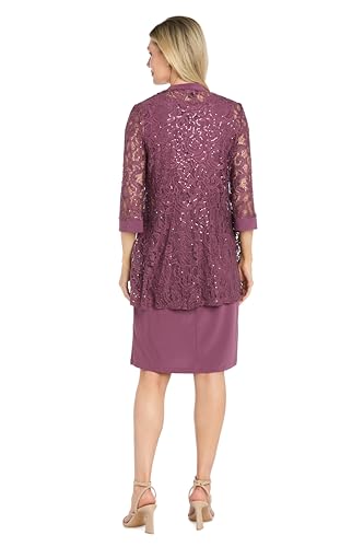 Image of R&M Richards Women's Embellished Sequin Lace Jacket and Shift Dress with Necklace for Mother of the Bride & Cocktail Party