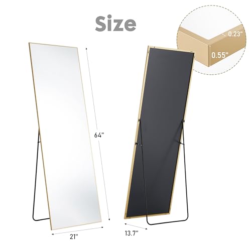Sweetcrispy 64"x21" Full Length Mirror Full Body Floor Mirror Standing Hanging or Leaning Wall, Wall Mirror with Stand Aluminum Alloy Thin Frame for Bedroom Cloakroom,Gold